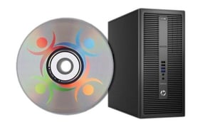 CD portant le logo Userful à côté d'une tour de PC Hewlett-Packard