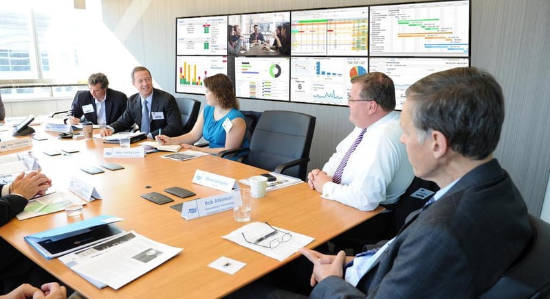 5 employés discutent assis à une table dans une salle de réunion équipée d'un mur vidéo affichant des visualisations de données.