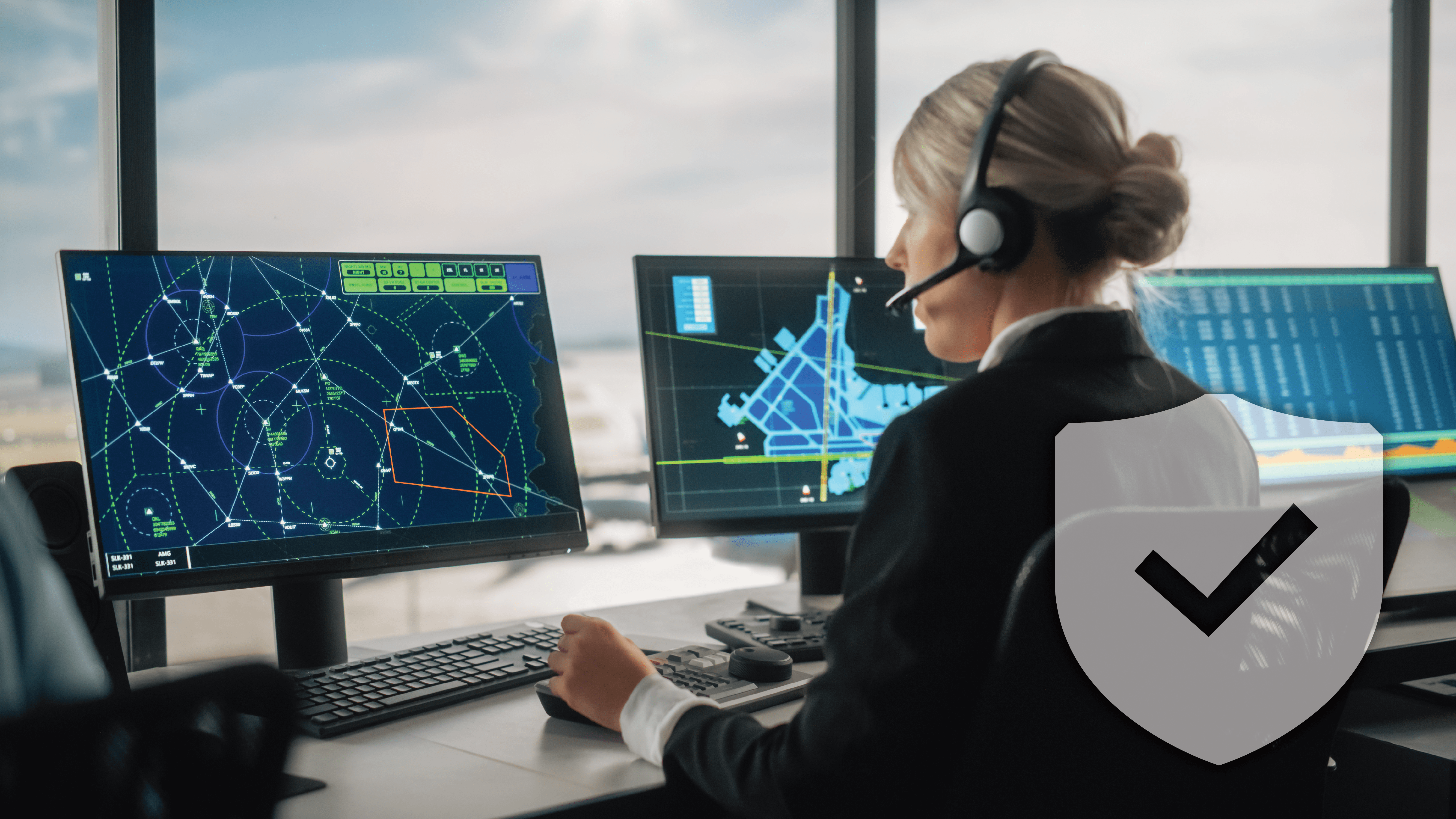 "Une contrôleuse du trafic aérien portant un casque d'écoute surveille plusieurs écrans de radar et de configuration d'aéroport dans une tour de contrôle. Elle utilise un joystick et un clavier, et supervise les trajectoires de vol des avions et les opérations aéroportuaires. Un bouclier transparent surmonté d'une coche symbolise la sécurité et la fiabilité du système."