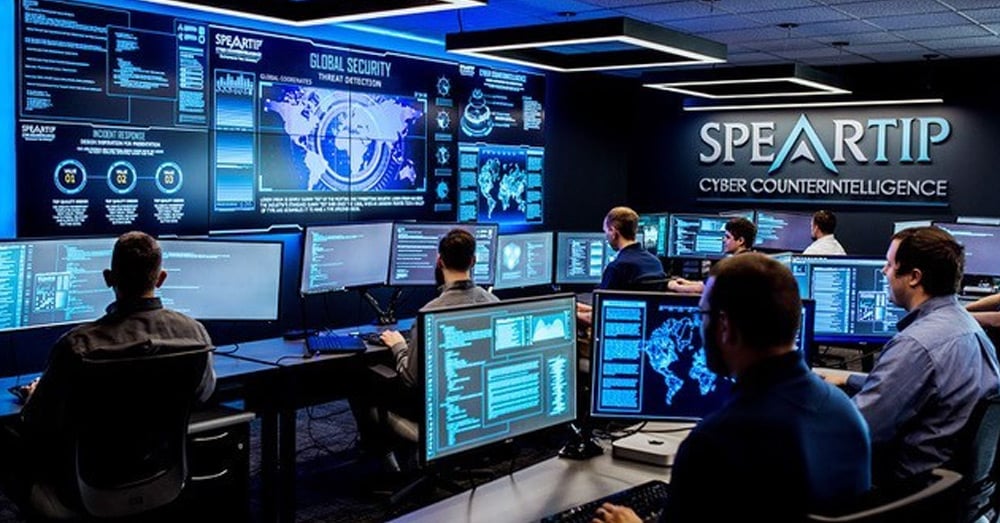Centre d'opérations de sécurité Speartip Cyber Counterintelligence avec des murs vidéo affichant des données, et des travailleurs à des postes de travail.