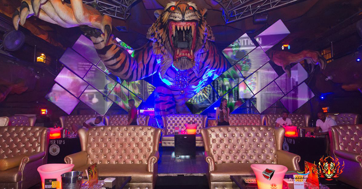 Mosaïque de murs vidéo artistiques dans le salon du Tiger Night Club, avec un grand tigre au milieu des murs, et une zone d'assise devant.