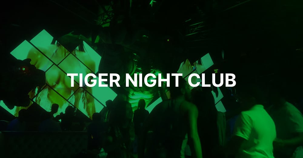 Mur vidéo artistique du Tiger Night Club avec une superposition verte et le nom du club en texte blanc.