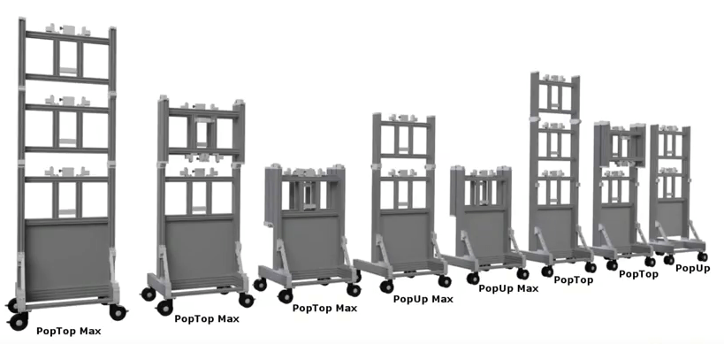 8 différents supports vidéo modulaires portables, dont 3 PopTop Max, 2 PopUp Max, 2 PopTop, 1 PopUp.