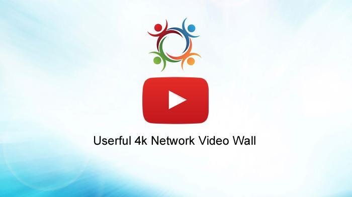 Logo Userful et bouton de lecture, avec texte en bas de page en caractères noirs, Userful 4k Network Video Wall