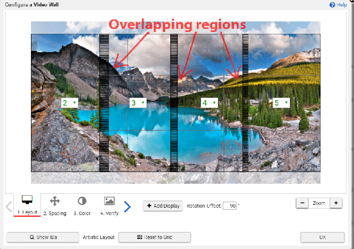 Régions superposées d'une photo mises en évidence sur l'interface du configurateur de mur vidéo Userful 